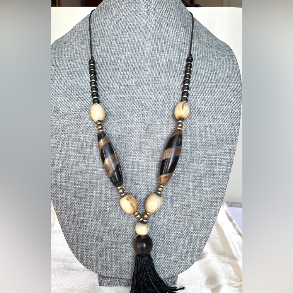 Handmade Natural Horn Beaded Tassel Necklace – Boho Tribal Style